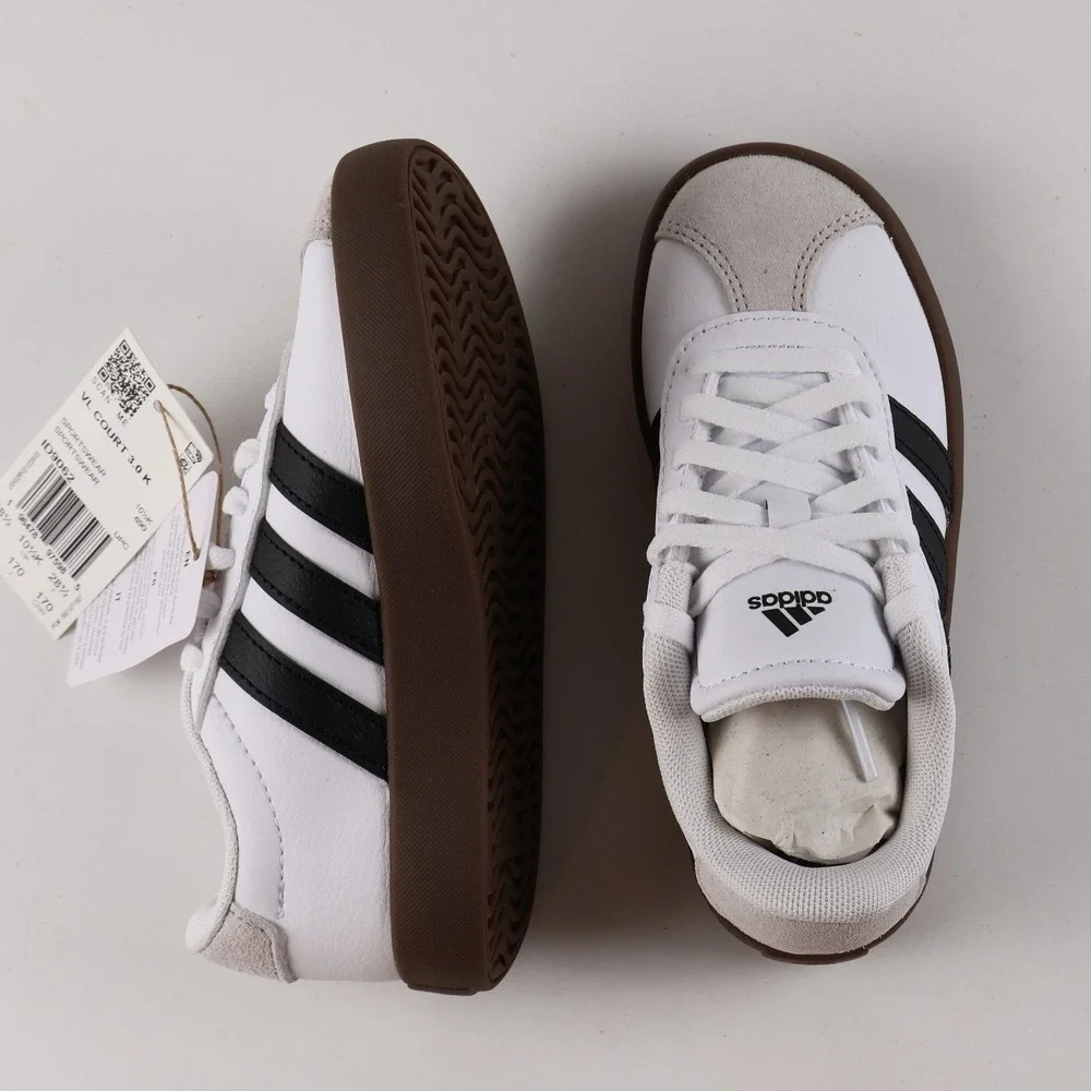 Adidas VL Court 3.0 K Sneakers White Black Gum 11K Leather NWT ID9062
